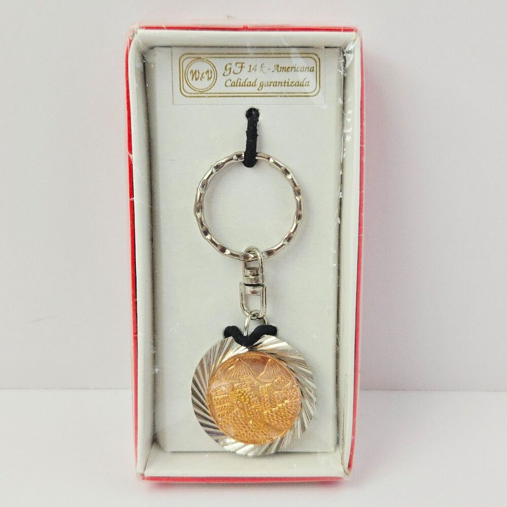 Vintage 14K Gold Filled Keychain Peru Token Machu Picchu Mountain Scene w/ Box